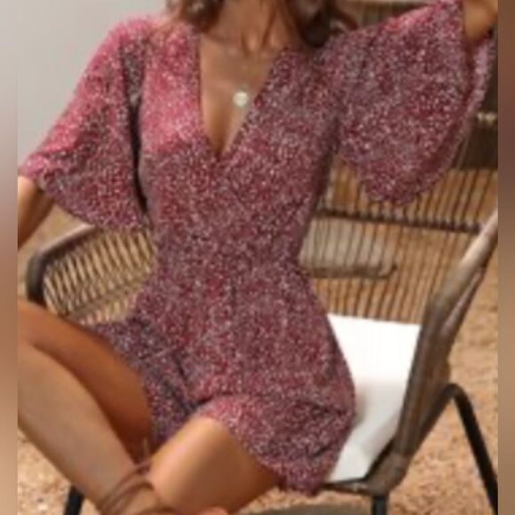 SHEIN NEW WOMENS ONE PIECE JUMP SUIT LARGE BURGUNDY WHITE DOTS BUTTERFLY SLEEVES - Picture 1 of 5